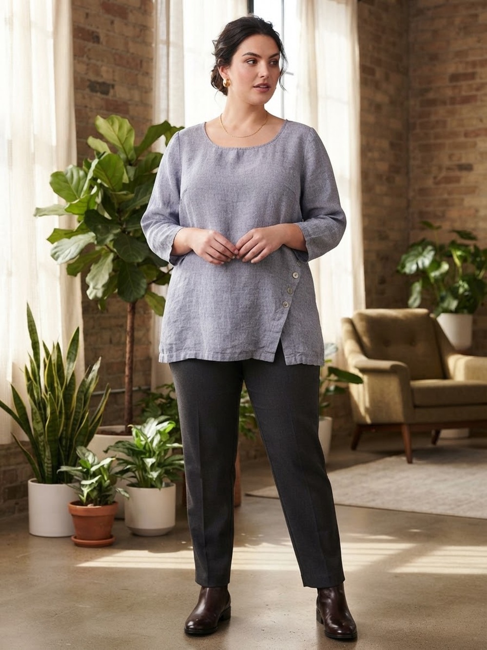 Jones New York Light Gray Scoop Neck Linen-Blend Tunic